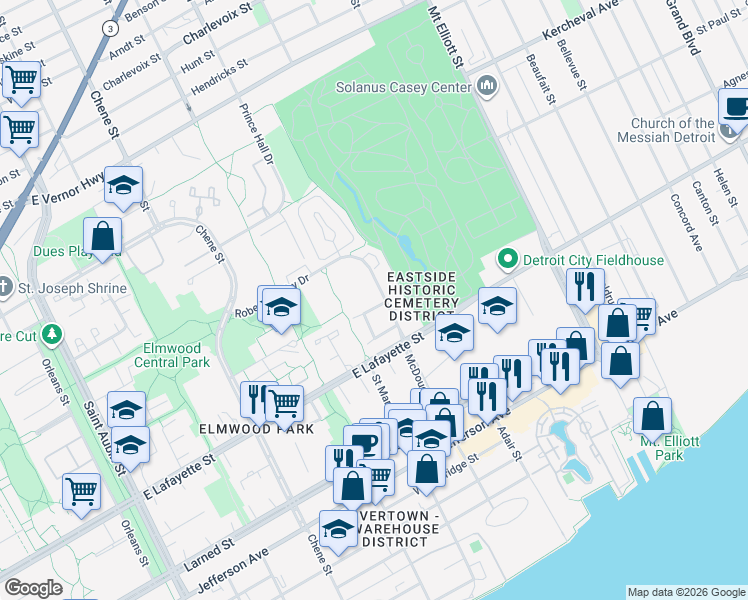 map of restaurants, bars, coffee shops, grocery stores, and more near 3176 Woods Circle Drive in Detroit