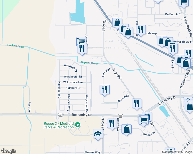 map of restaurants, bars, coffee shops, grocery stores, and more near 2065 Lars Way in Medford