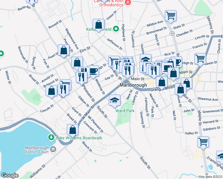 map of restaurants, bars, coffee shops, grocery stores, and more near 75 West Main Street in Marlborough