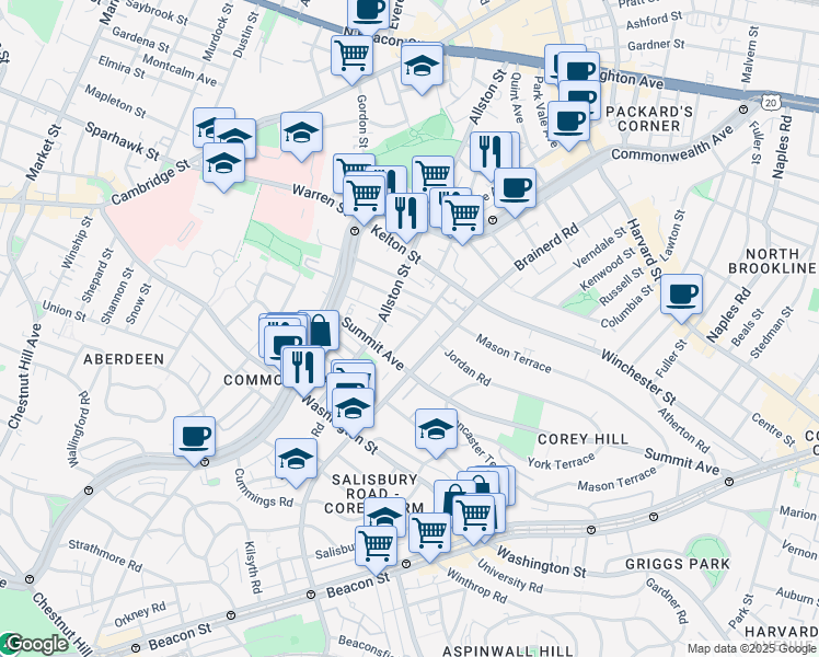 map of restaurants, bars, coffee shops, grocery stores, and more near 4 Woodstock Avenue in Boston
