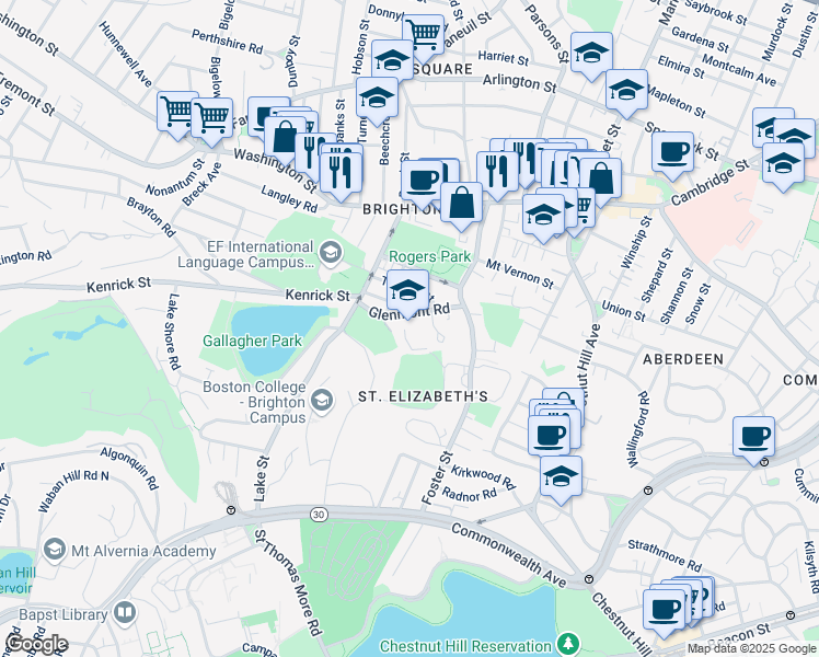 map of restaurants, bars, coffee shops, grocery stores, and more near 60 Glenmont Road in Boston