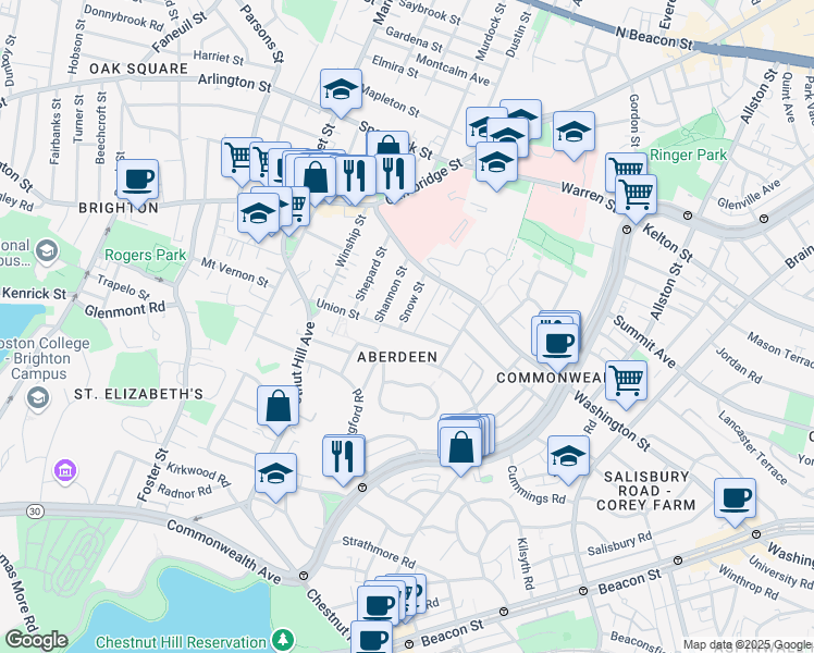 map of restaurants, bars, coffee shops, grocery stores, and more near in Boston