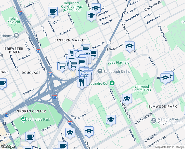 map of restaurants, bars, coffee shops, grocery stores, and more near in Detroit
