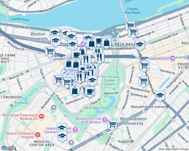 map of restaurants, bars, coffee shops, grocery stores, and more near 1250 Boylston Street in Boston