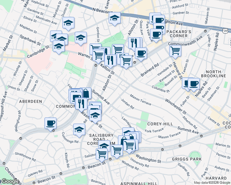 map of restaurants, bars, coffee shops, grocery stores, and more near 246 Corey Road in Boston