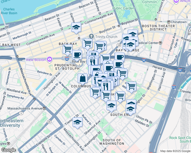 map of restaurants, bars, coffee shops, grocery stores, and more near 67 Dartmouth Street in Boston