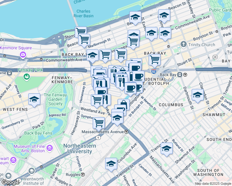 map of restaurants, bars, coffee shops, grocery stores, and more near 55 Saint Germain Street in Boston