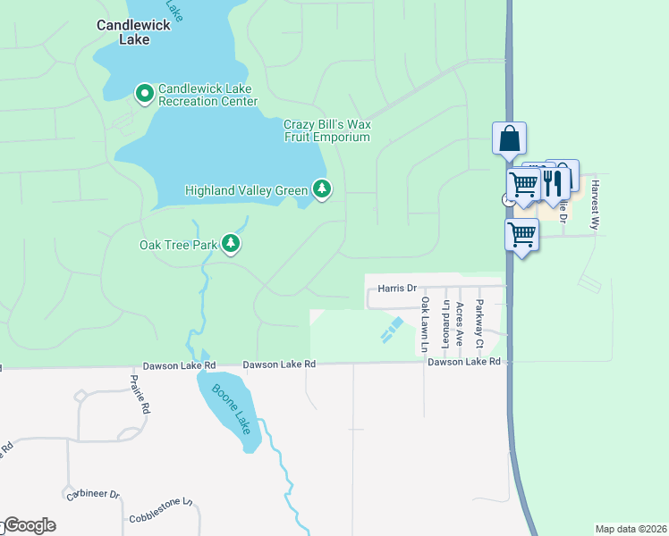 map of restaurants, bars, coffee shops, grocery stores, and more near 2207 Candlewick Drive Southwest in Poplar Grove