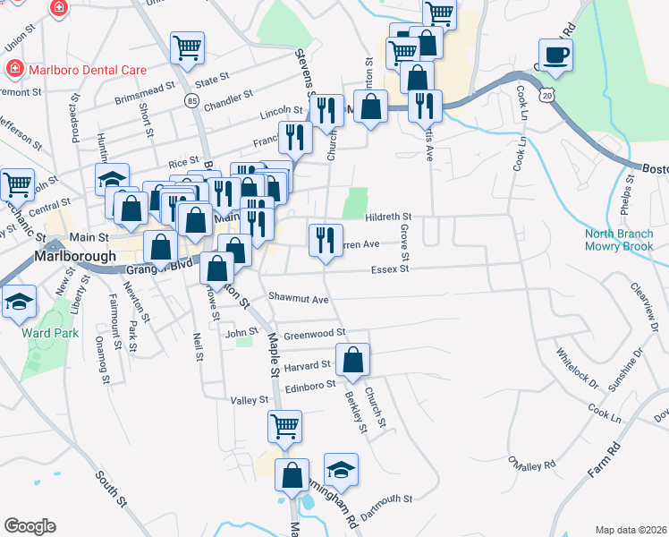 map of restaurants, bars, coffee shops, grocery stores, and more near 87 Essex Street in Marlborough