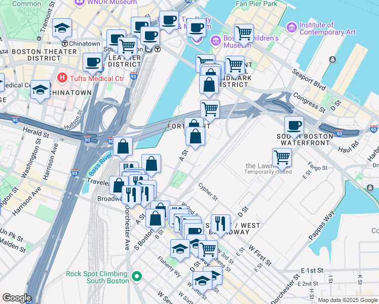 map of restaurants, bars, coffee shops, grocery stores, and more near 10 Channel Center Street in Boston