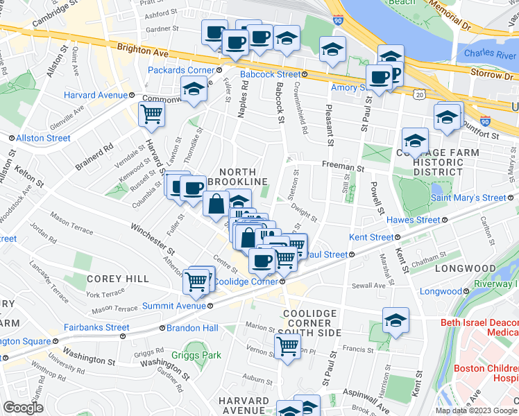 map of restaurants, bars, coffee shops, grocery stores, and more near 51 John Street in Brookline
