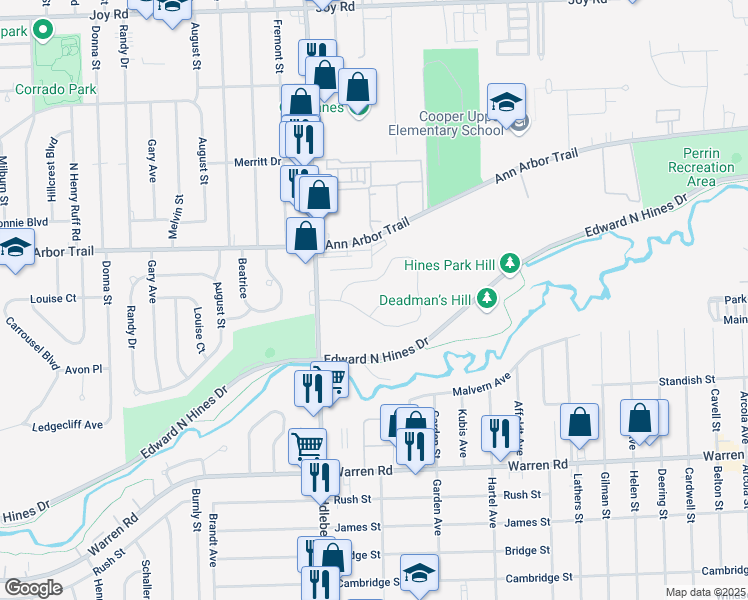 map of restaurants, bars, coffee shops, grocery stores, and more near 7710 Lear Court in Westland