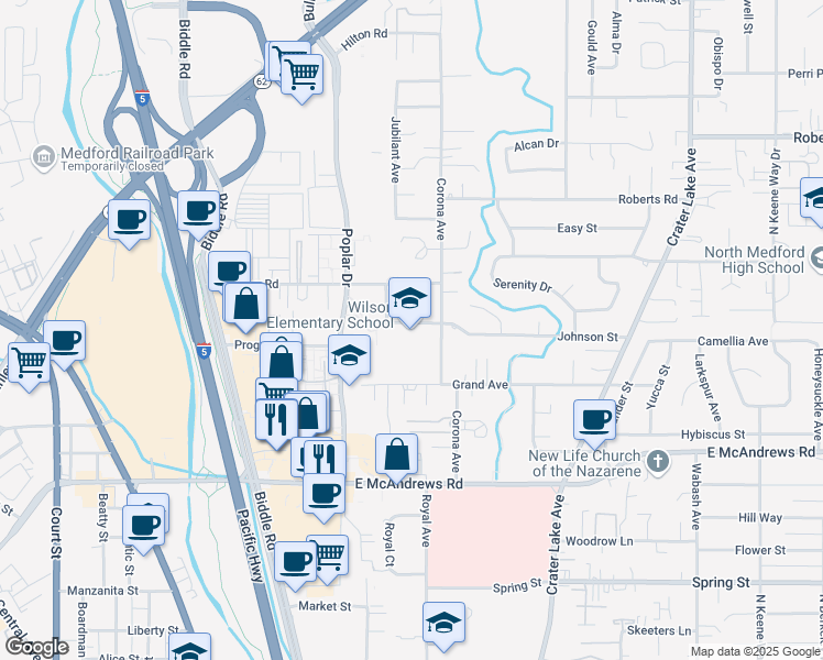 map of restaurants, bars, coffee shops, grocery stores, and more near 1400 Johnson Street in Medford