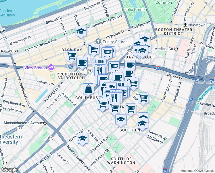 map of restaurants, bars, coffee shops, grocery stores, and more near 67 Dartmouth Street in Boston