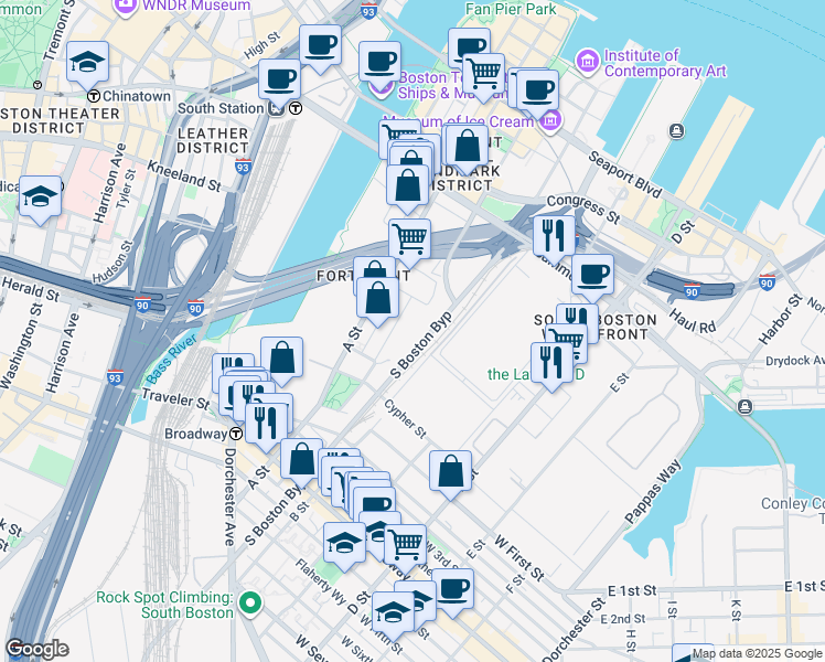 map of restaurants, bars, coffee shops, grocery stores, and more near 1 Yard Way in Boston