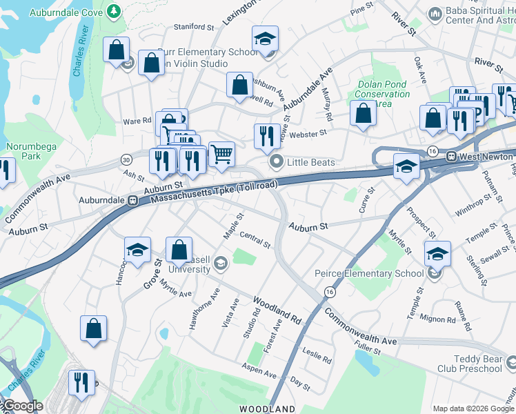 map of restaurants, bars, coffee shops, grocery stores, and more near 174 Auburn Street in Newton