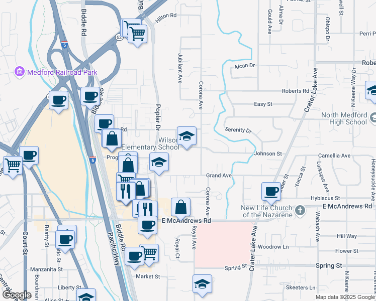 map of restaurants, bars, coffee shops, grocery stores, and more near 1400-1498 Johnson St in Medford