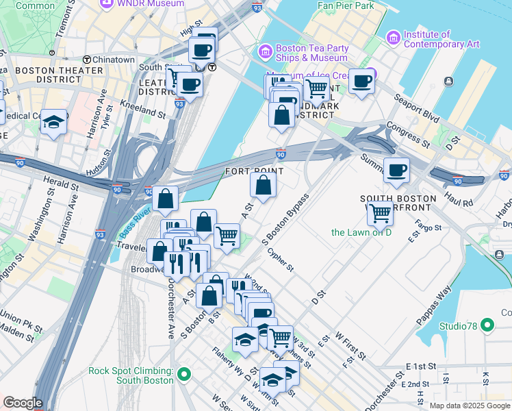 map of restaurants, bars, coffee shops, grocery stores, and more near 1 Channel Center Street in Boston