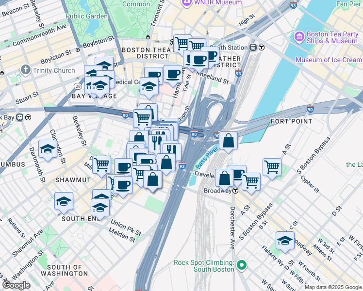 map of restaurants, bars, coffee shops, grocery stores, and more near 202 Albany Street in Boston