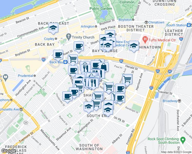 map of restaurants, bars, coffee shops, grocery stores, and more near 34 Warren Avenue in Boston