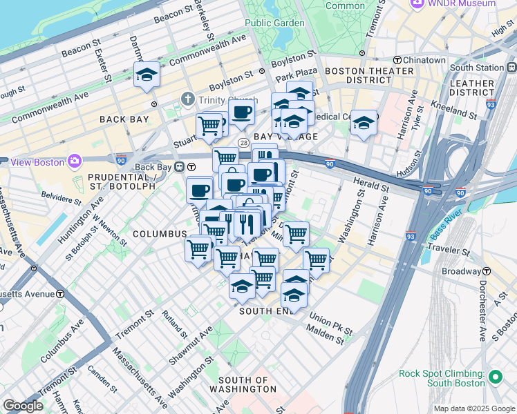 map of restaurants, bars, coffee shops, grocery stores, and more near 34 Warren Avenue in Boston