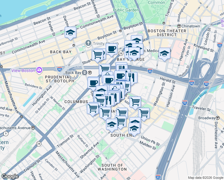 map of restaurants, bars, coffee shops, grocery stores, and more near 34 Warren Avenue in Boston