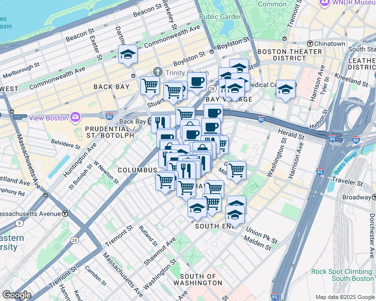 map of restaurants, bars, coffee shops, grocery stores, and more near 77 Warren Avenue in Boston