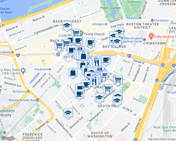 map of restaurants, bars, coffee shops, grocery stores, and more near 67 Dartmouth Street in Boston