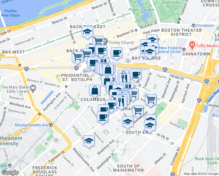 map of restaurants, bars, coffee shops, grocery stores, and more near 67 Dartmouth Street in Boston