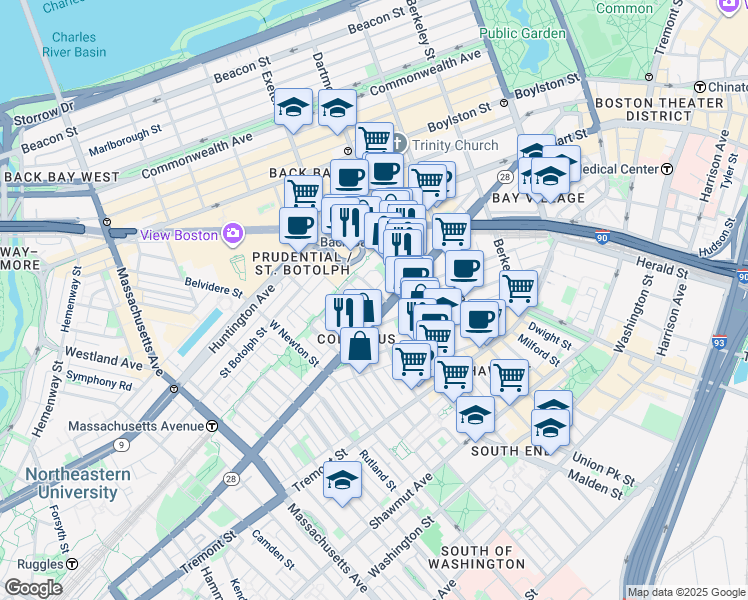 map of restaurants, bars, coffee shops, grocery stores, and more near 376-376A Columbus Avenue in Boston