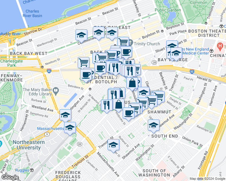 map of restaurants, bars, coffee shops, grocery stores, and more near in Boston