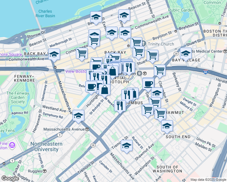 map of restaurants, bars, coffee shops, grocery stores, and more near in Boston