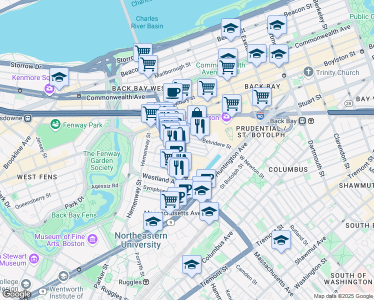 map of restaurants, bars, coffee shops, grocery stores, and more near 216 Massachusetts Avenue in Boston