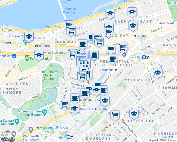 map of restaurants, bars, coffee shops, grocery stores, and more near 216 Massachusetts Avenue in Boston