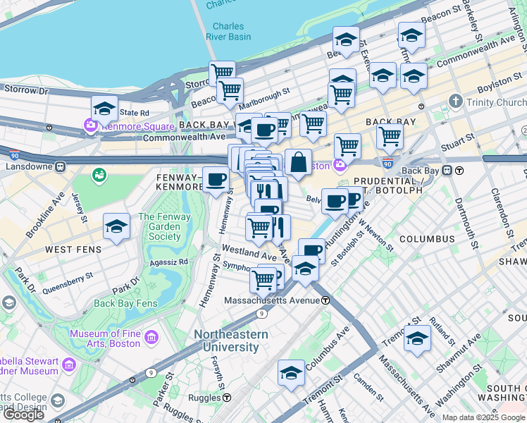 map of restaurants, bars, coffee shops, grocery stores, and more near 216 Massachusetts Avenue in Boston