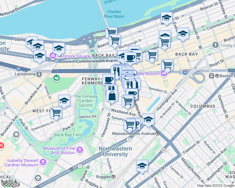 map of restaurants, bars, coffee shops, grocery stores, and more near 56-60 Hemenway Street in Boston