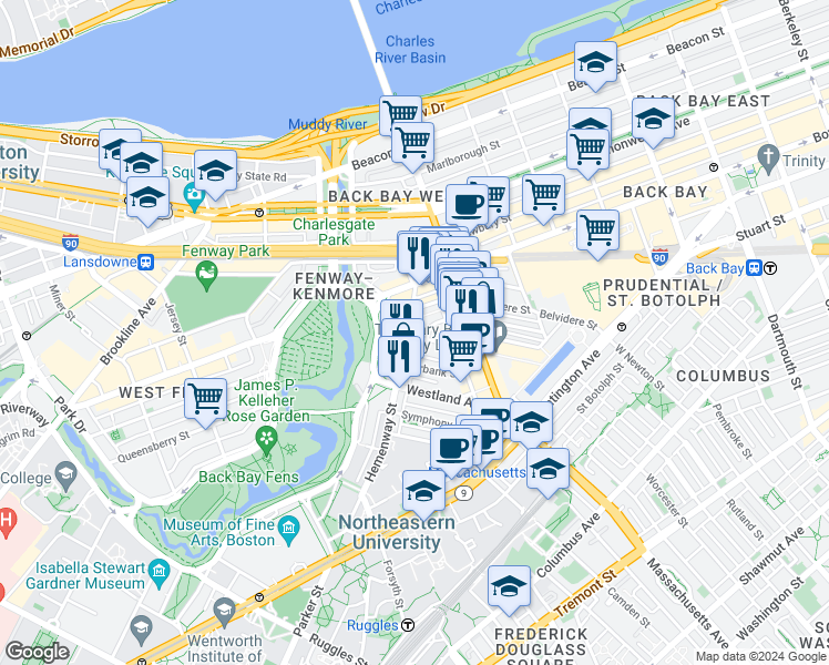 map of restaurants, bars, coffee shops, grocery stores, and more near 56-60 Hemenway Street in Boston