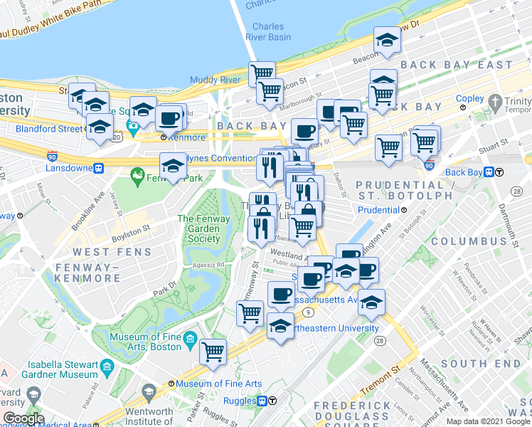 map of restaurants, bars, coffee shops, grocery stores, and more near 56-60 Hemenway Street in Boston