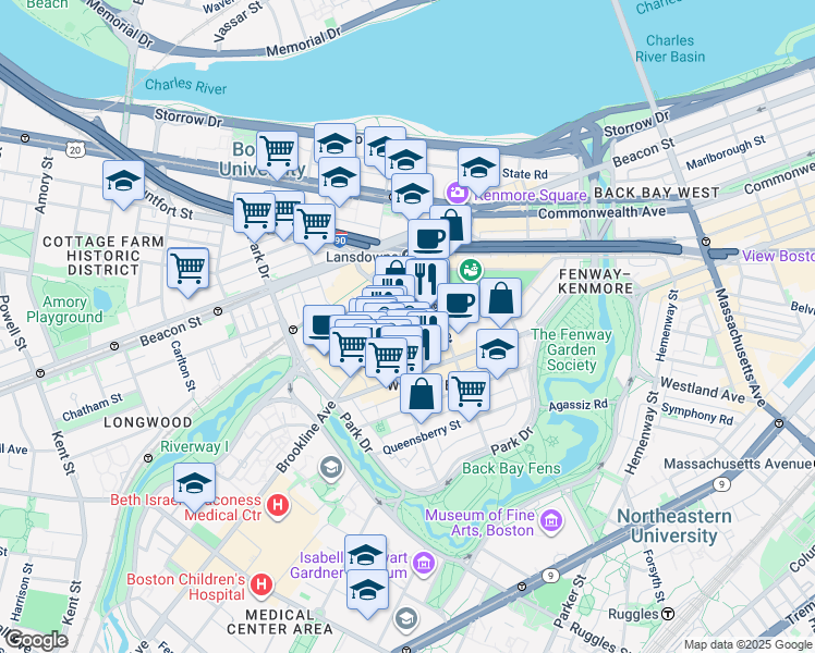 map of restaurants, bars, coffee shops, grocery stores, and more near 122 Brookline Avenue in Boston