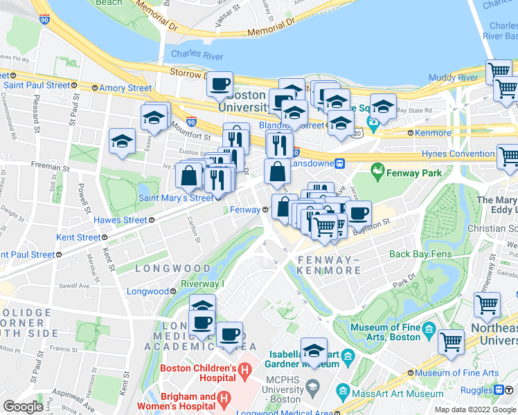 map of restaurants, bars, coffee shops, grocery stores, and more near 440 Park Drive in Boston