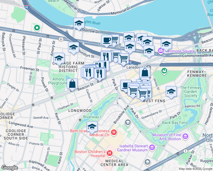 map of restaurants, bars, coffee shops, grocery stores, and more near 34 Medfield Street in Boston