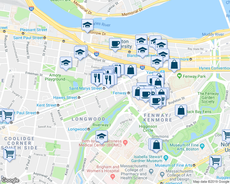 map of restaurants, bars, coffee shops, grocery stores, and more near 34 Medfield Street in Boston