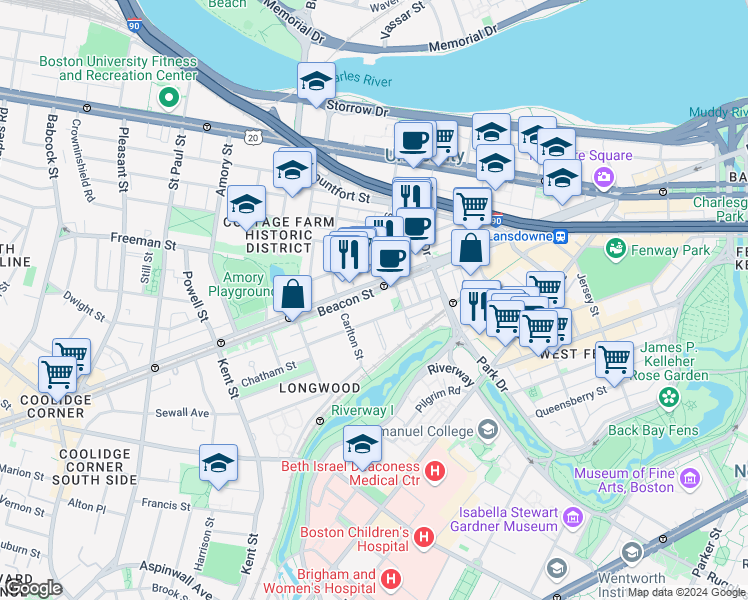 map of restaurants, bars, coffee shops, grocery stores, and more near 68a Monmouth Street in Brookline