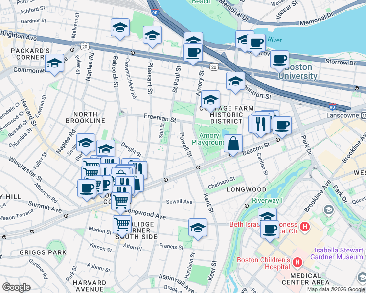 map of restaurants, bars, coffee shops, grocery stores, and more near 21 Powell Street in Brookline