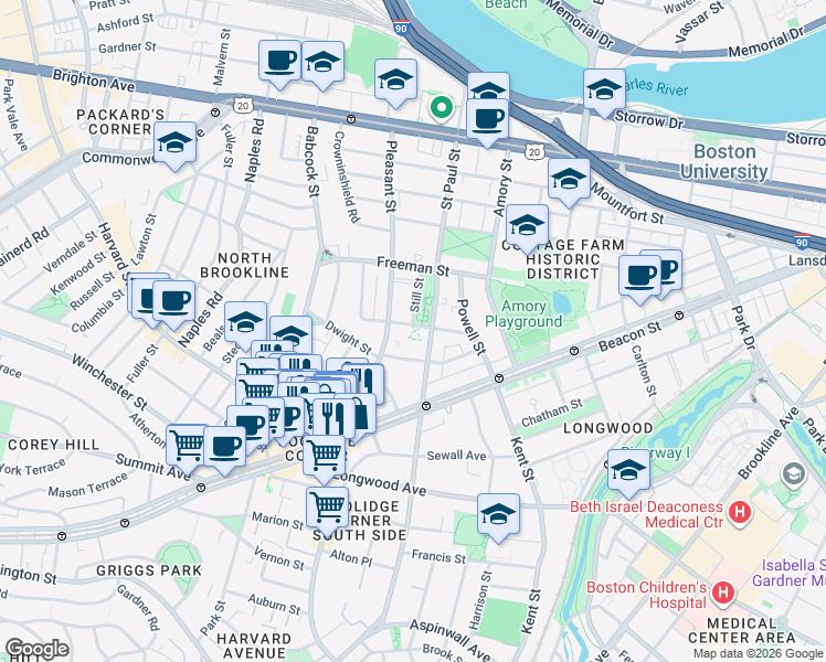 map of restaurants, bars, coffee shops, grocery stores, and more near 63 Parkman Street in Brookline