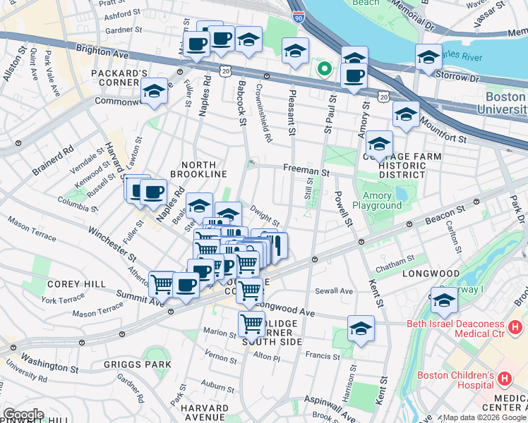 map of restaurants, bars, coffee shops, grocery stores, and more near 15 Dwight Street in Brookline