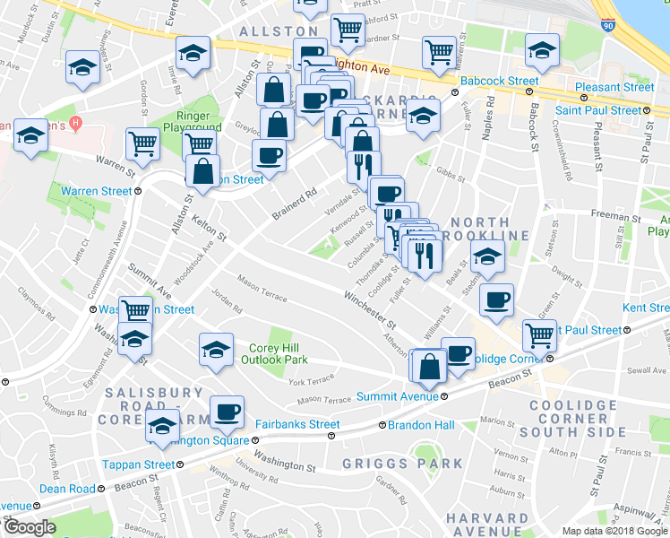 map of restaurants, bars, coffee shops, grocery stores, and more near 183 Winchester Street in Brookline