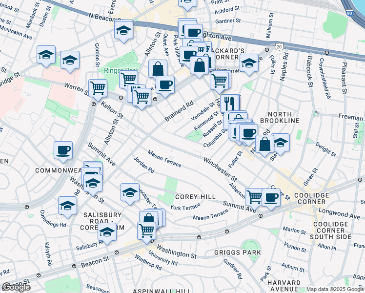 map of restaurants, bars, coffee shops, grocery stores, and more near 212 Winchester Street in Brookline