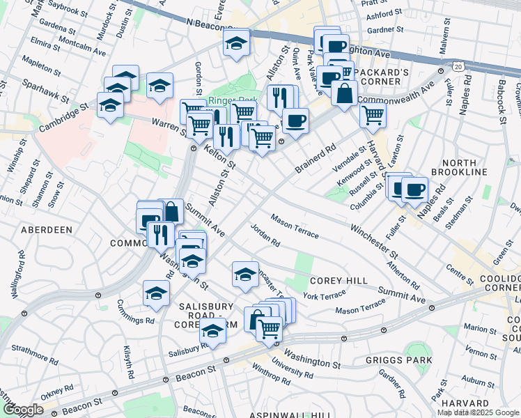 map of restaurants, bars, coffee shops, grocery stores, and more near 322 Mason Terrace in Brookline
