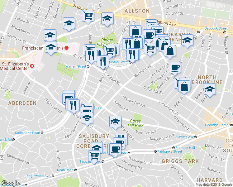 map of restaurants, bars, coffee shops, grocery stores, and more near 322 Mason Terrace in Brookline